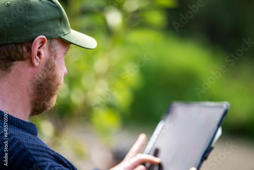 farmer wearing a hat being sun smart. using technology and a tablet and phone in a field, studying a soil and plant sample in field. scientist in a paddock