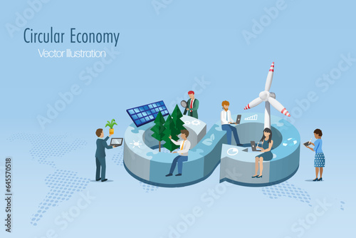 Businessmen with circular economy symbol in jigsaw with wind turbines, solar panel. Sustainable environment strategy of eliminate waste and pollution, renewable and reuse for global business goal.