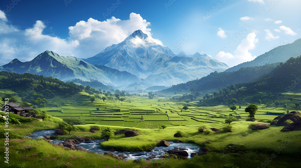 4K paddy field in sri lanka with a mountain background, paddy, rice fields, nature, river. 16:9 aspect ratio, wide wallpaper backdrop