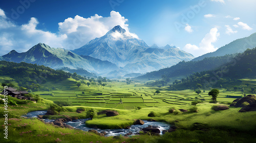 4K paddy field in sri lanka with a mountain background  paddy  rice fields  nature  river. 16 9 aspect ratio  wide wallpaper backdrop