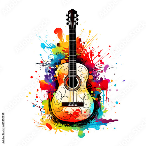 4K guitar t-shirt design, 2D flat vector design, contour, clear outline, watercolour themed, white background, high resolution