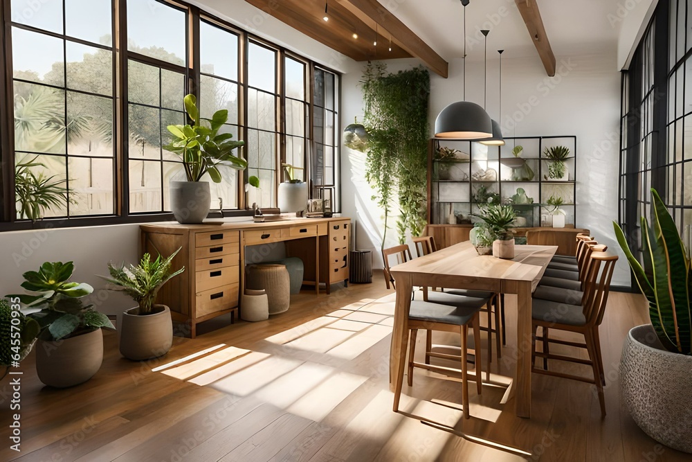 An inviting, zen-like space with an abundance of natural light pouring into the pottery studio. The courtyard is adorned with potted plants and succulents, enhancing the boho lux vibes. - obrazy, fototapety, plakaty 