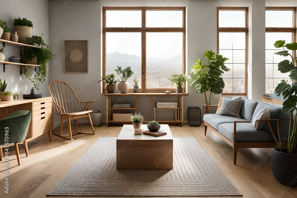 Fototapeta premium An inviting, zen-like space with an abundance of natural light pouring into the pottery studio. The courtyard is adorned with potted plants and succulents, enhancing the boho lux vibes.