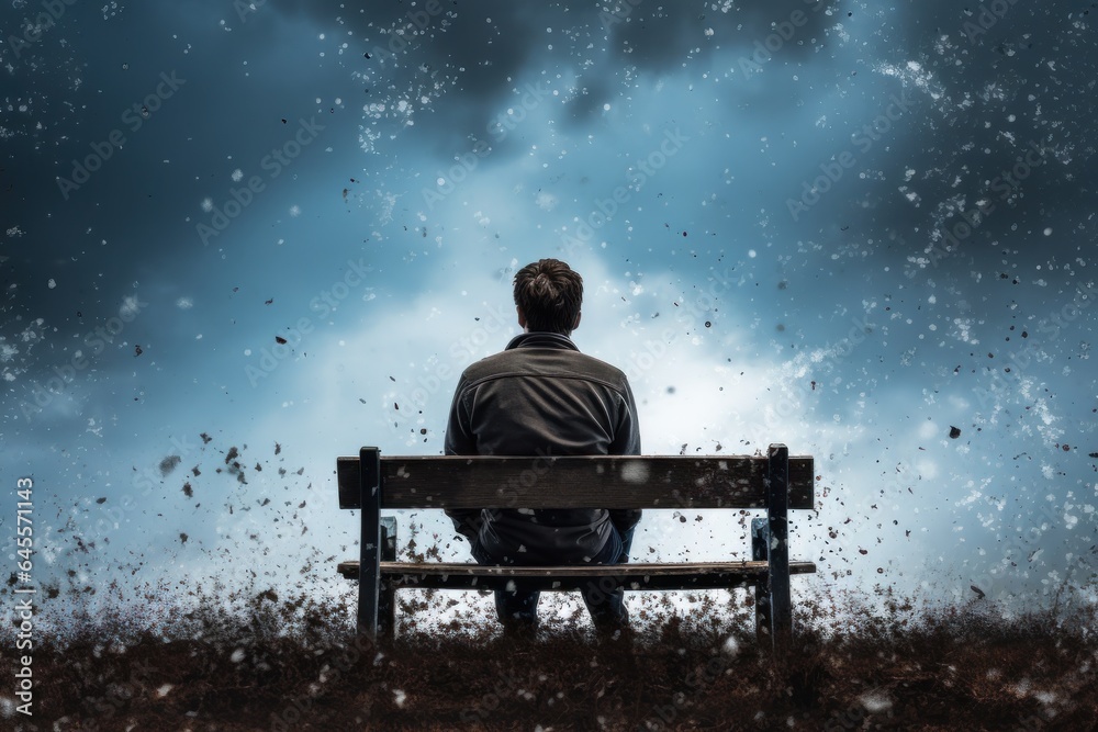 A lonely man sitting on the bench with blue sky A lonely man sitting on the bench with blue sky