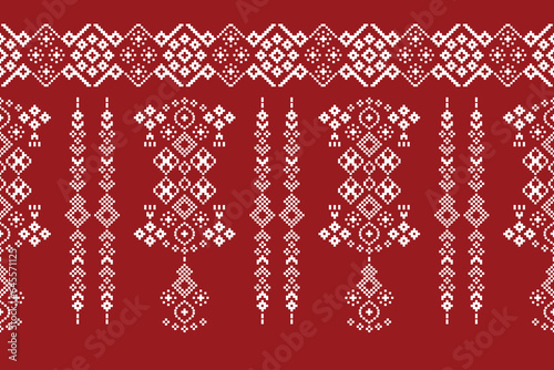 Ethnic geometric fabric pattern Cross Stitch.Ikat embroidery Ethnic oriental Pixel pattern red background. Abstract,vector,illustration. Texture,clothing,frame,decoration,motifs,silk wallpaper.