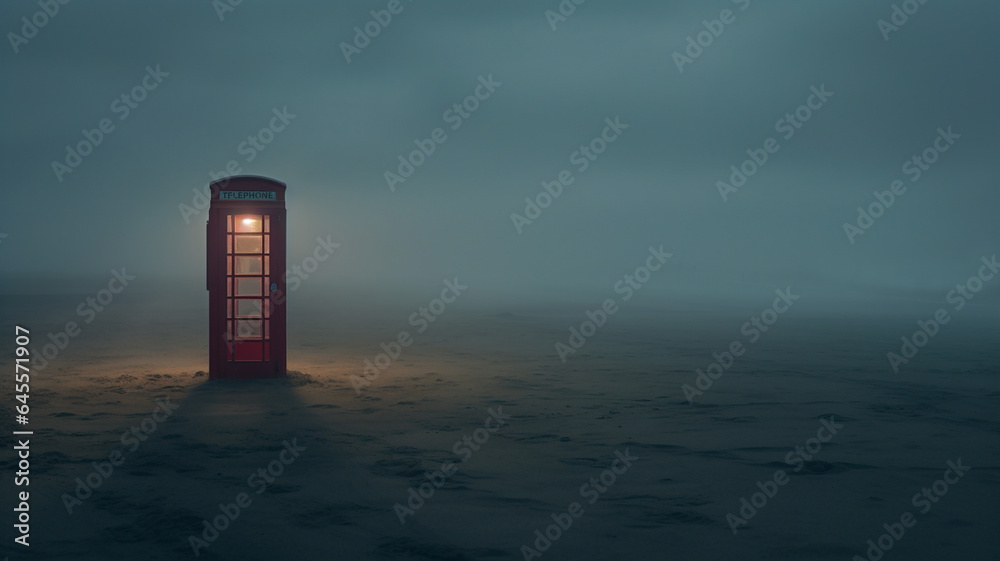 A surreal landscape of a telephone booth situated in a foggy landscape or desert. Haunting. Mysterious graphic asset. Fog and mist. A surreal landscape of a telephone booth situated in a foggy landscape or desert. Haunting. Mysterious graphic asset. Fog and mist.
