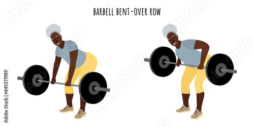Senior woman doing barbell bent-over row exercise