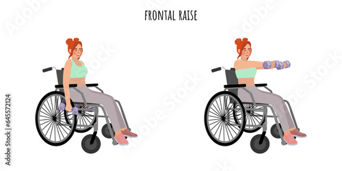 Woman on wheelchair doing frontal raise exercise