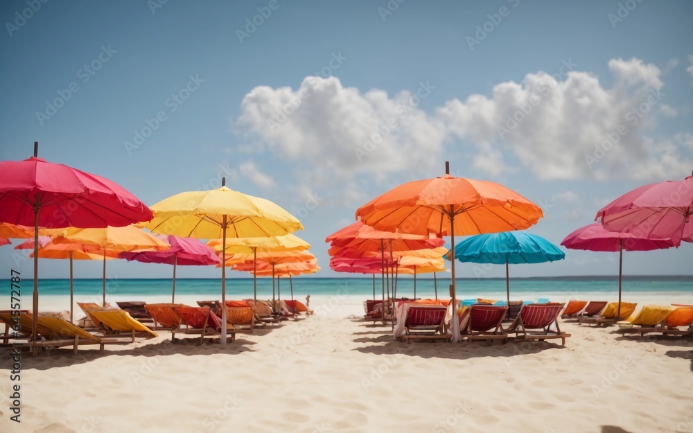 Colorful beach umbrellas and chairs on the background of summer tropical beach