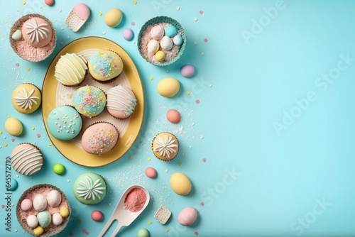 Easter cuisine concept. Top view photo of colorful easter eggs in plate paper baking molds cupcake shaped gingerbread and sprinkles on isolated pastel, Generative AI