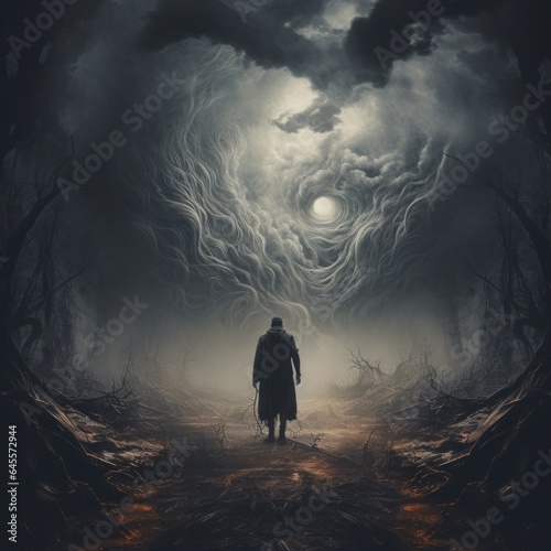 Dark Gothic Artwork, Illustration, Spooky Scene, Vintage Mood, Graphic Art Painting, Silhouette, Ghostly, Haunted, Dark Moody Sky, Night Forest, Moon, Clouds, Man in Coat Walking
