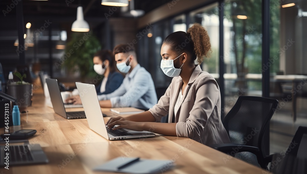 Fototapeta premium Businesswoman in protective mask working on laptop in office during pandemic