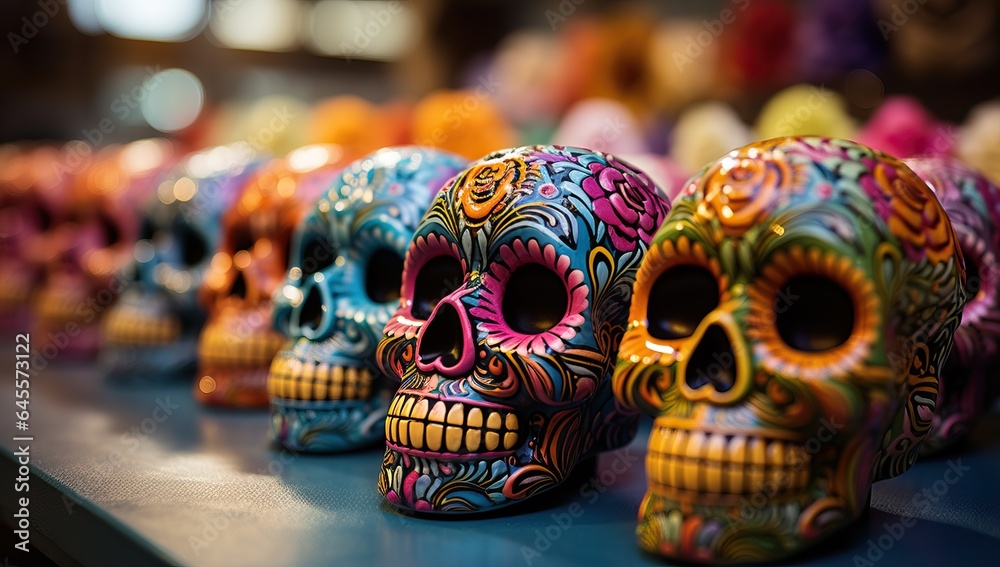 Colorful sugar skulls in a souvenir shop. Day of the Dead.
