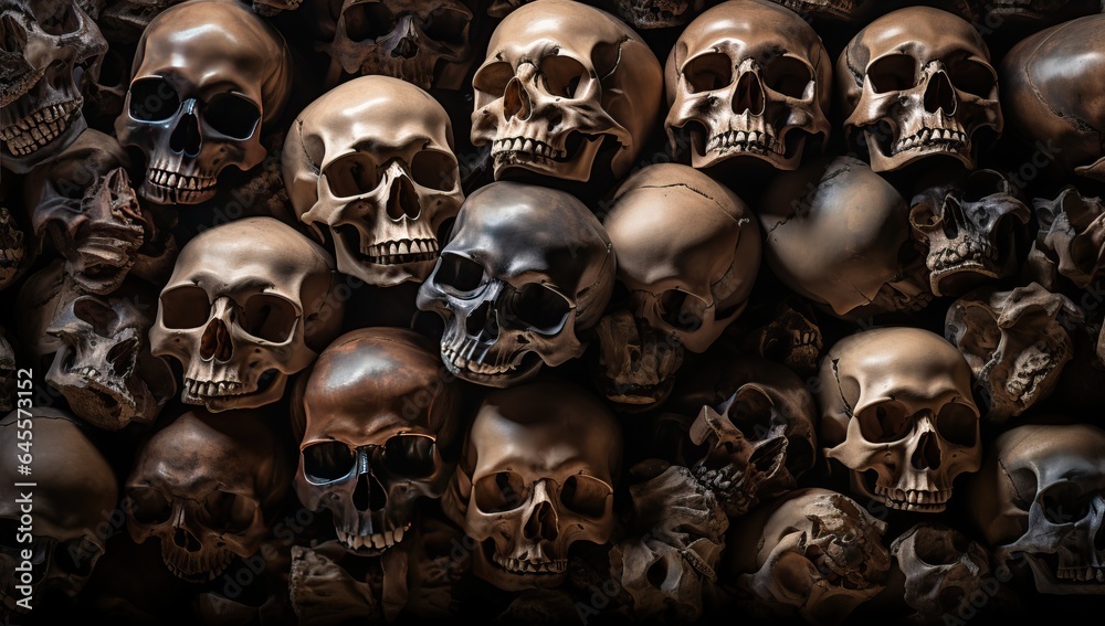 Skulls and bones on black background. Halloween background.