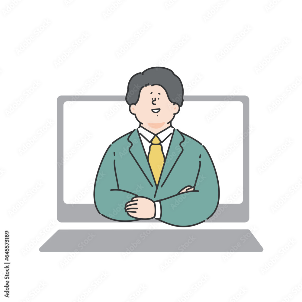 パソコンから腕を組むスーツを着用した男性　ビジネスマン