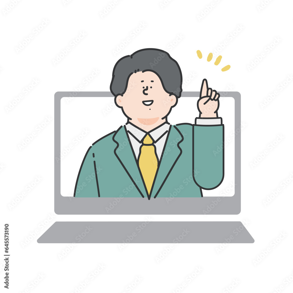 パソコンから指差しをするスーツを着用した男性　ビジネスマン