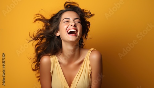 Portrait of a beautiful young woman laughing on a yellow background.
