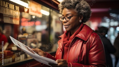 Smiling african american woman reading newspaper