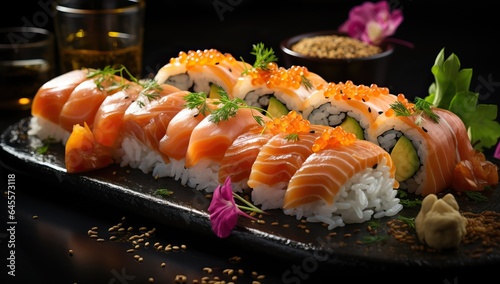 Sushi roll with salmon and caviar