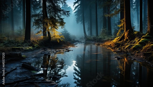 Foggy forest with a river in the foreground and trees reflecting in the water