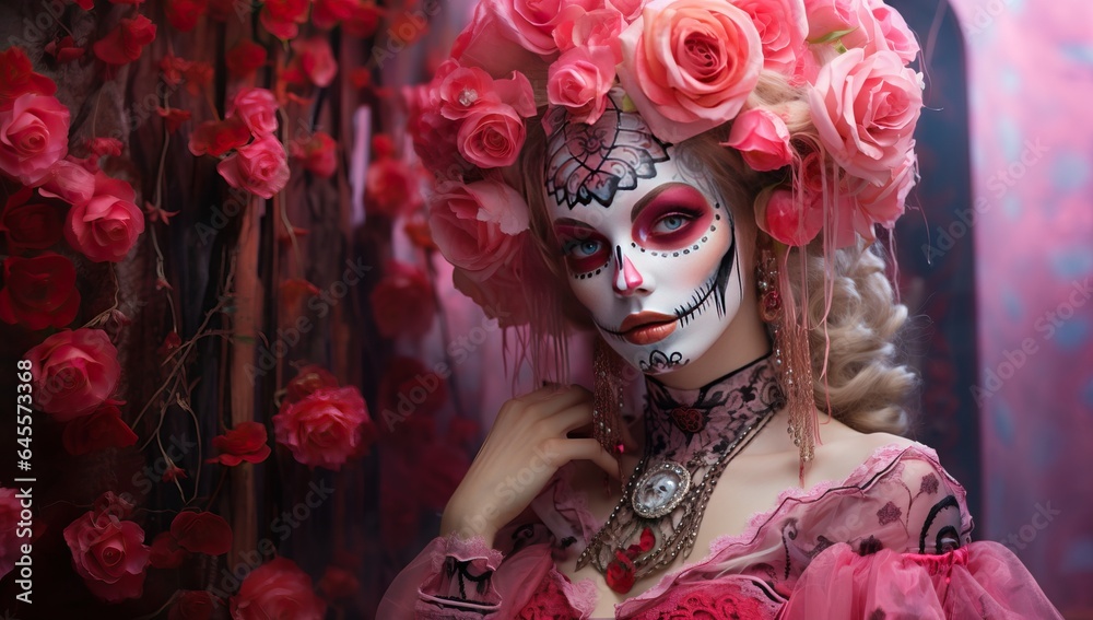 Beautiful girl with sugar skull makeup and flowers in her hair. Beautiful girl with sugar skull makeup and flowers in her hair.
