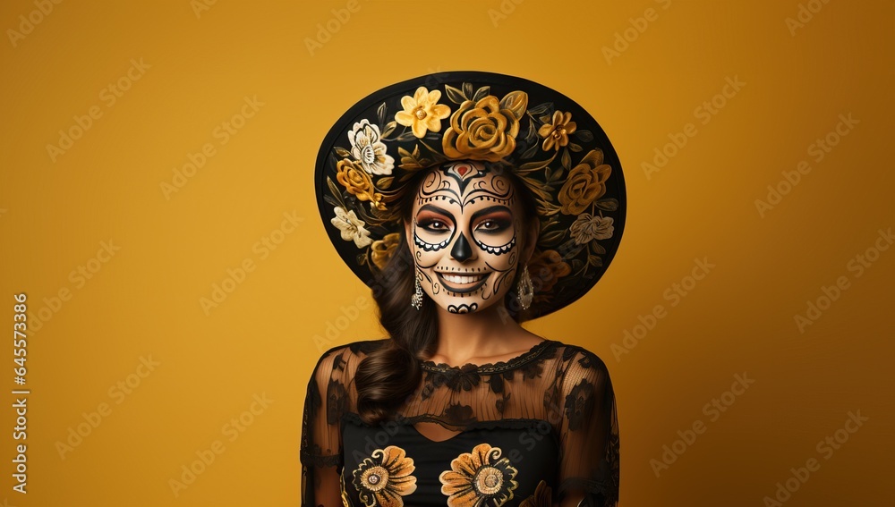 Portrait of a beautiful woman with sugar skull makeup over yellow background.