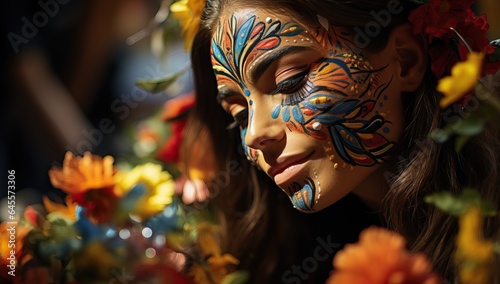 Day of the Dead, Mexican woman with sugar skull makeup and colorful flowers