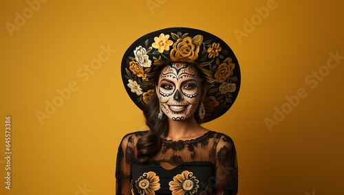 Portrait of a beautiful woman with sugar skull makeup over yellow background.