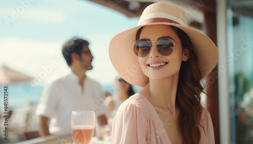 beautiful young woman in hat and sunglasses with wine glass on summer beach