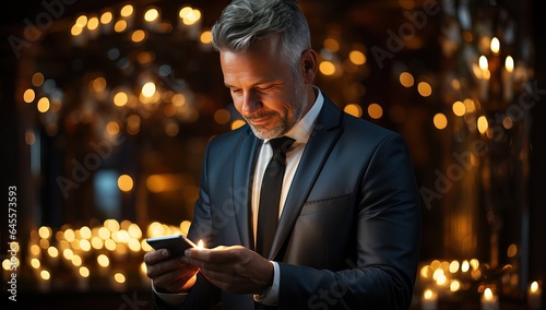 Handsome mature businessman using mobile phone in dark room at night