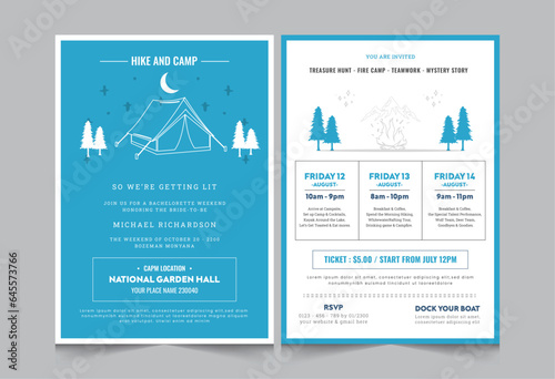 Camping activity invitation layout template, weekend activities a4 poster or flyer design, vector illustration eps 10 photo