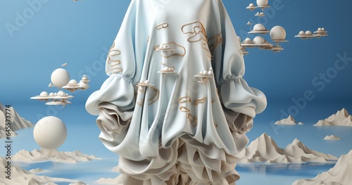 an animated, 3d image of a lady dressed in white, with colorful clouds and birds, in the style of gian lorenzo bernini, sui dynasty, detailed drapery, stone sculptures, sky-blue and gold, oriental min