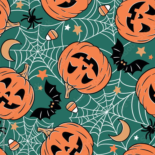Hand drawn seamless vector pattern with vintage Halloween pumpkin, bat, spider, spider web, moon and stars. Perfect for textile, wallpaper or print design.
