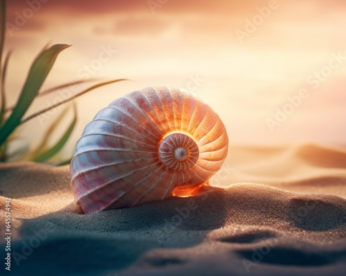shell, beach, sand, nautilus, mollusk, marine creature on sand, Macro Photograph, Close-up, golden light, high detail, intricate, 