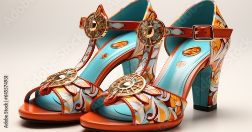  women's turquoise and flower high heels, in the style of loretta lux, romantic and nostalgic themes, light orange and cyan, meticulous attention to detail, ready-made, ornamental details and embellis