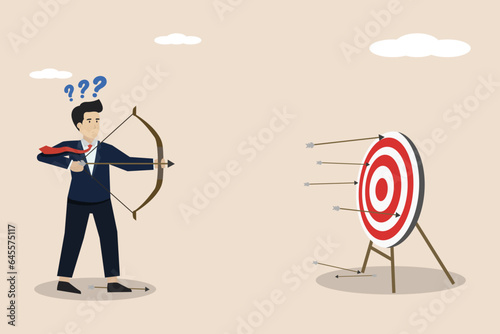 Missed predictions, business failure, failed businessman concept, failed prediction design, failed businessman aiming at target with arrow. Successful businessman illustration.