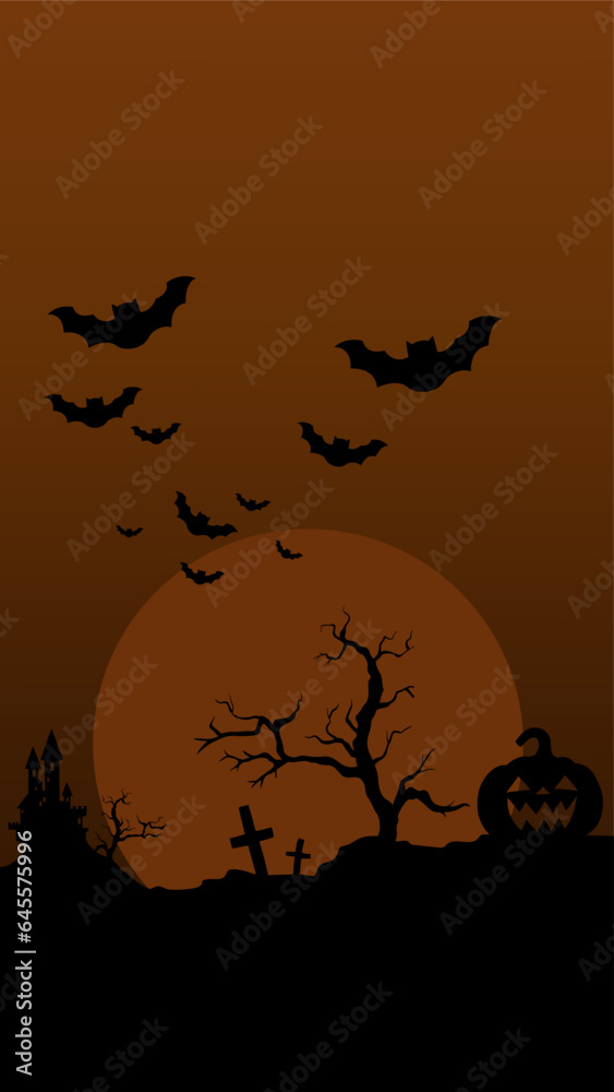 Halloween night, scary horror moon with orange pumpkin, a dark silhouette illustration art design background with bats 