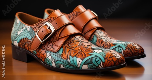  pair of orange leather shoes, with skulls and buckles, in the style of digital print, reductionist form, creative commons attribution, shiny/glossy, light amber and black, mote kei, smilecore