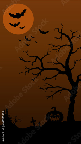 Halloween night, scary horror moon with orange pumpkin, a dark silhouette illustration art design background with bats 