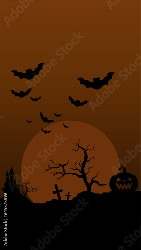 Halloween night  scary horror moon with orange pumpkin  a dark silhouette illustration art design background with bats 