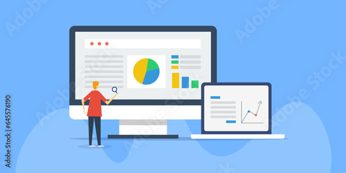 Data analyst expert examine graph, chart data connected with sales, marketing and financial growth. bigdata analytics and business intelligence concept on virtual screen vector illustration.