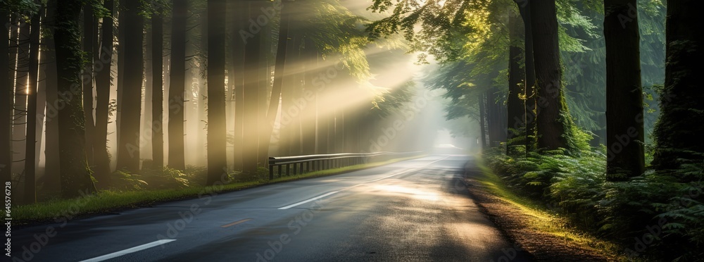 countryside forest road with sunlight ray shine through tree canopy, Generative Ai
