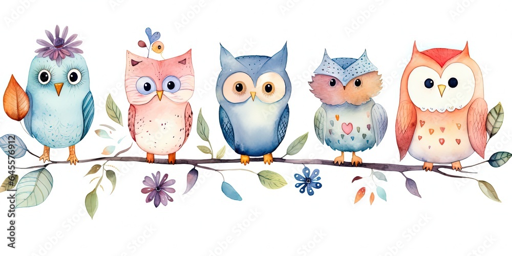 Fototapeta premium watercolor painting style cartoon clipart cute owl birds family on tree isolated on white background, Generative Ai