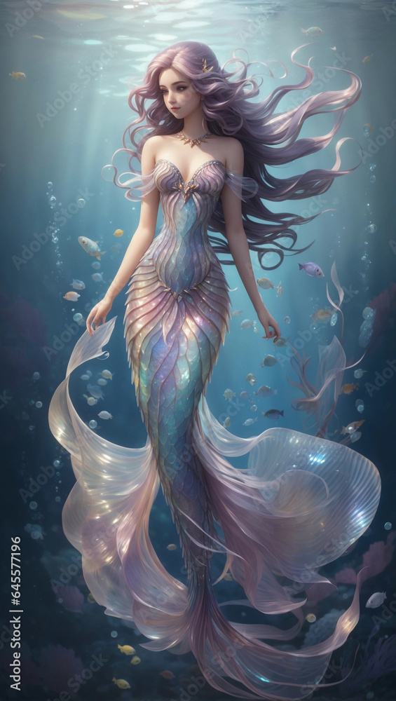 Majestic Mermaid with Iridescent Shiny Scales Underwater Majestic Mermaid with Iridescent Shiny Scales Underwater
