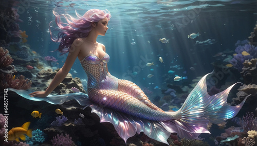 Majestic Mermaid with Iridescent Shiny Scales Underwater photo