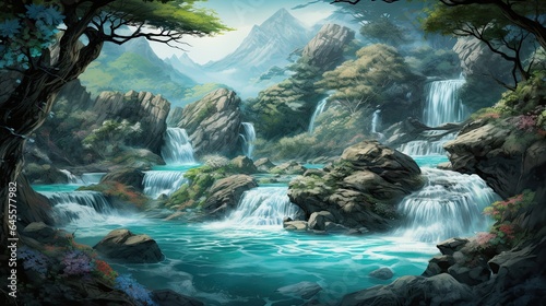 water flow illustration and other natural elements in an artistic background.