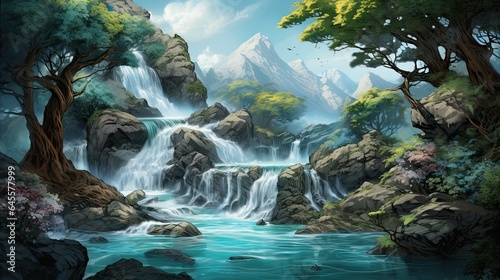 water flow illustration and other natural elements in an artistic background.