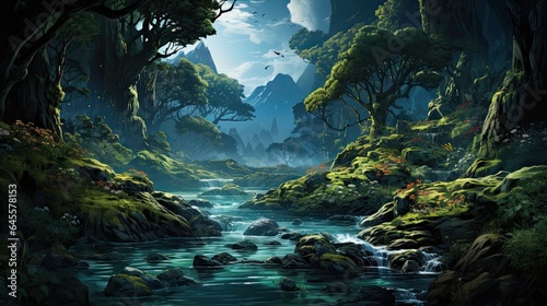 water flow illustration and other natural elements in an artistic background.