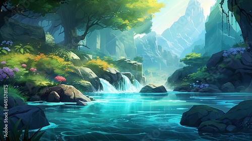 water flow illustration and other natural elements in an artistic background.