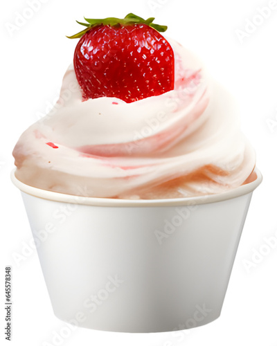 Mockup ice cream white strawberry topping scoop on white blank empty paper cup bowl on transparent background cutout, PNG file.